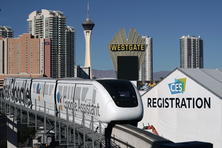 Image: A monorail car passes in front of the the Las Vegas Convention Center