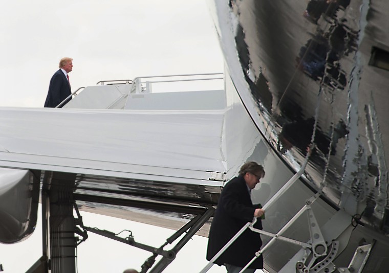 President Donald Trump and Steve Bannon board Air Force One during happier times last spring.