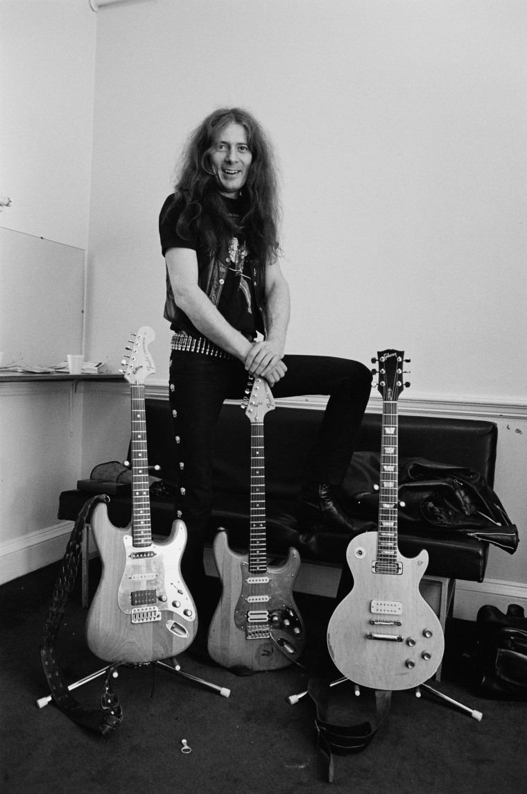 Image: Fast Eddie Clarke, from Motorhead, posed backstage with his guitars at City Hall in Newcastle on March 22, 1982.