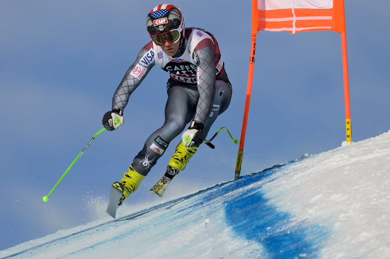 Steven Nyman of the U.S. United States speeds down the course during a training session at the Alpine skiing World Cup in Wengen, Switzerland, on Jan. 11.