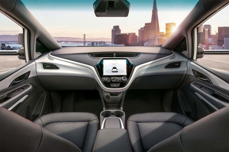 The futuristic interior of the driverless Chevrolet Bolt EV.