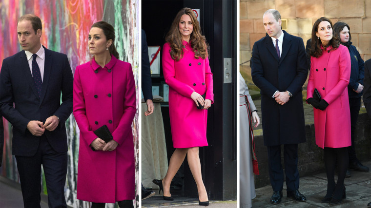 For an appearance today with husband Prince William, Kate wrapped up her growing bump in a fuschia coat by British brand Mulberry. She first wore the coat during a visit to the National September 11 Memorial Museum on December 9, 2014 (left), and later in March 2015 for her last engagement before giving birth to Charlotte (center). She most recently wore it during a visit to Coventry Cathedral on January 16, 2018.