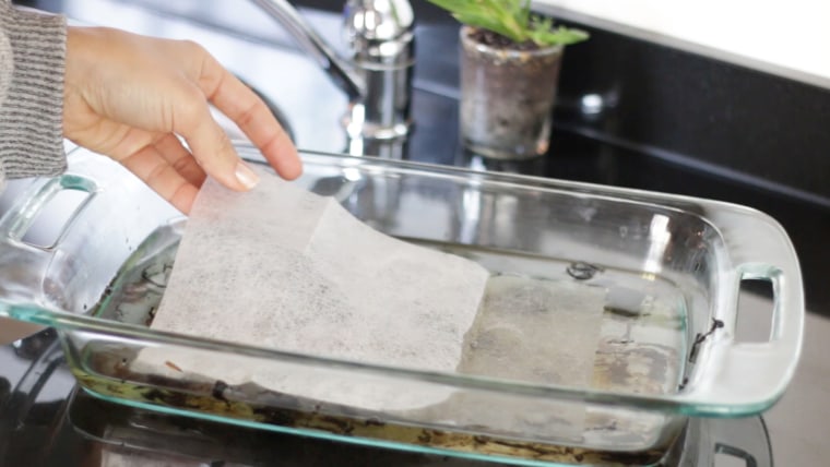 The conditioners in the dryer sheet help de-grease your dirtiest dishes and pans.