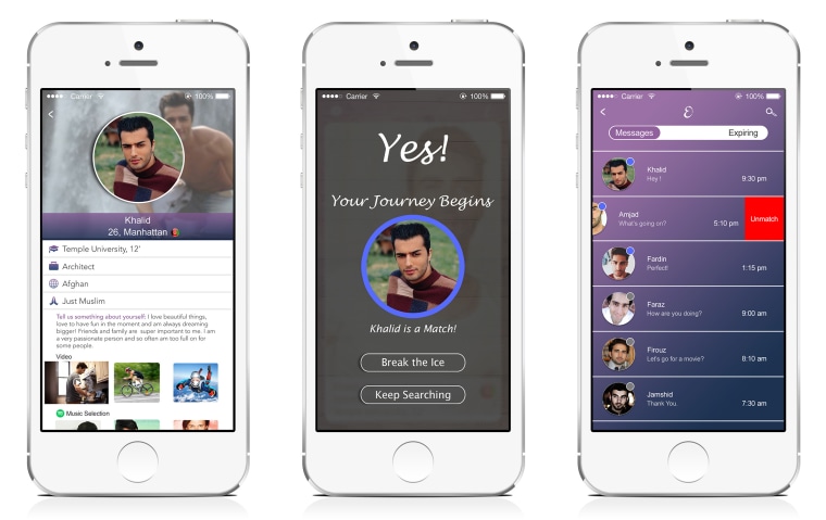 Mockups of Eshq, a dating app tailored toward Muslims where women send the first messages.