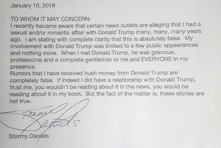 Image: President Donald Trump's attorney Michael Cohen provided a signed statement from Stormy Daniels alleging she had no sexual interaction with Trump.