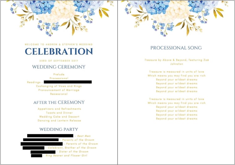 A partially blacked out version of the wedding program same-sex couple Stephen Heasley and Andrew Borg were supposed to receive from Vistaprint, according to a federal lawsuit.