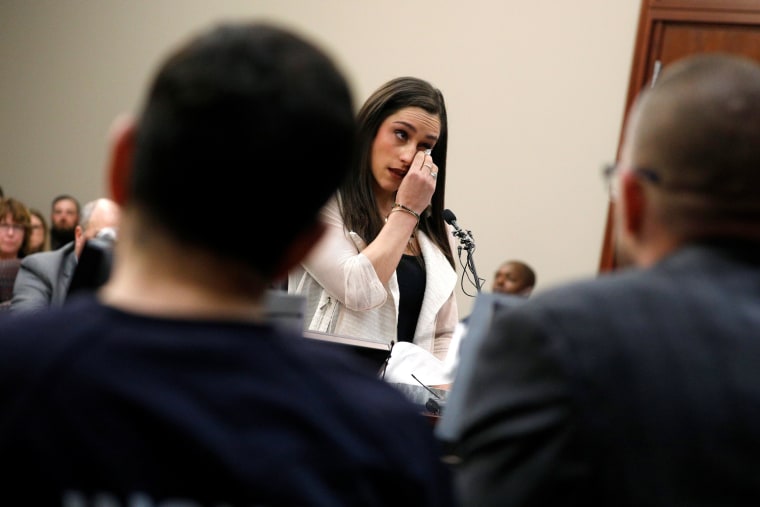 Image: Victim and former gymnast Jordyn Wieber speaks at the sentencing hearing for Larry Nassar