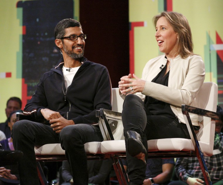 Image: Google CEO Sundar Pichai and YouTube CEO Susan Wojcicki speak at the Revolution Town hall at the Yerba Buena Center for the Arts in San Francisco on Jan. 19, 2018.