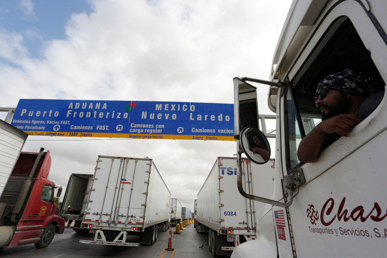 Image: Trucks waiting in line for border customs control to cross into U.S. at the World Trade Bridge in Nuevo Laredo, Mexico in this 2016 file photo.