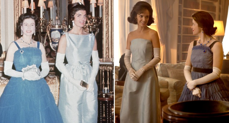 Image: First Lady Jackie Kennedy and Queen Elizabeth II on June 5, 1961 at Buckingham Palace.  Claire Foy as the queen and Jodi Balfour and the first lady in Netflix's The Crown.
