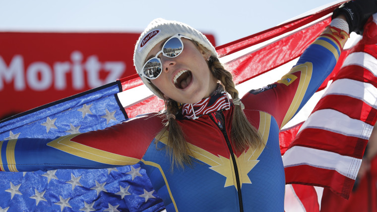 Mikaela Shiffrin celebrates her victory in the women's slalom at the Alpine Skiing World Championships in St. Moritz, Switzerland, in February 2017.