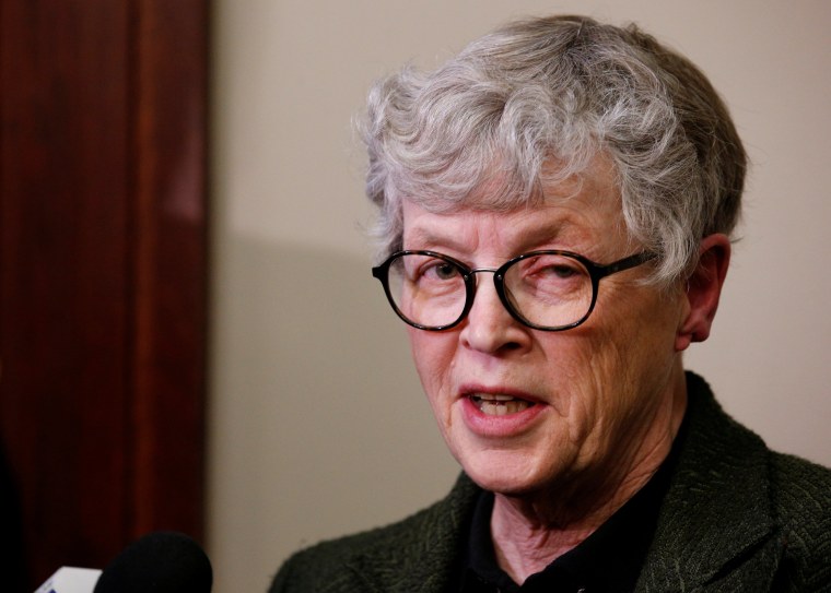 Image: Michigan State University (MSU) President Lou Anna Simon speaks after being confronted by victims during a break at the sentencing hearing for Larry Nassar, a former team USA Gymnastics doctor who pleaded guilty in November 2017 to sexual assault c