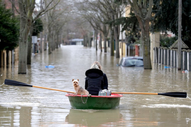 Image: Local residents and their dog go down a flooded stree