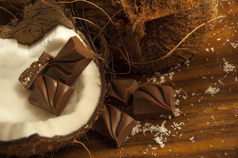 coconut shell with chocolate candy pieces