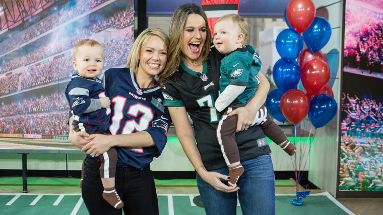 Baby Bowl on TODAY (L-R) Dylan Dreyer holding Calvin Fichera and Savannah Guthrie holding Charley Feldman.