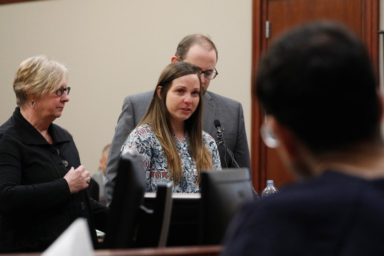 Image: Victim Brianne Randall speaks at the sentencing hearing for Larry Nassar, a former team USA Gymnastics doctor who pleaded guilty in November 2017 to sexual assault charges, in Lansing