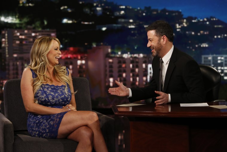 Adult film star Stormy Daniels plays coy with host Jimmy Kimmel during an appearance on "Jimmy Kimmel Live!" on Tuesday night in Los Angeles.