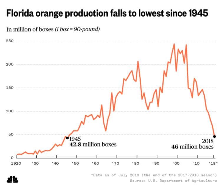 Florida orange production since 1920