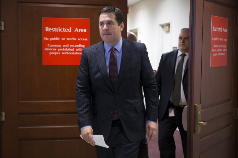 Image: Chairman of the House Permanent Select Committee on Intelligence Devin Nunes walks out of a restricted area to a press conference on Capitol Hill in Washington, DC, March 22, 2017.