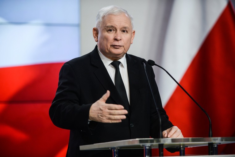Image: Leader of the ruling Law and Justice PiS party Jaroslaw Kaczynski press conference