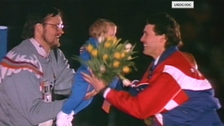 Dan Jansen's with his daughter for his victory lap.