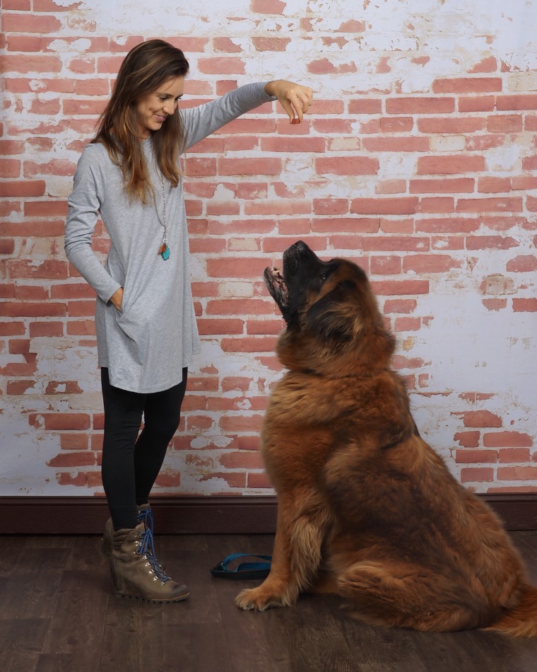 Dress paired with leggings, boots, a necklace and a giant dog