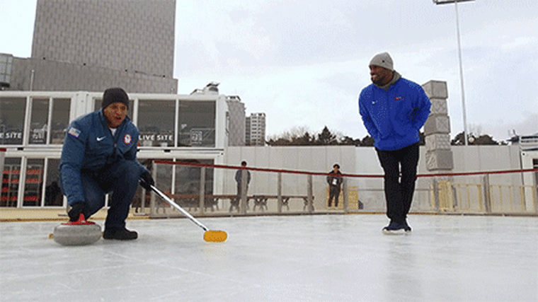 Craig Melvin practices his lunge in his first curling lesson.