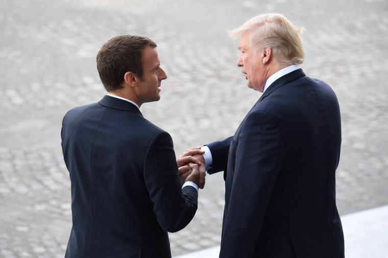 French President Emmanuel Macron (L) bids farewell to his US counterpart Donald Trump after the annual Bastille Day military parade on the Champs-Elysees avenue in Paris on July 14, 2017.

Bastille Day, the French National Day, is held annually each July 14, to commemorate the storming of the Bastille fortress in 1789. This years parade on Paris's Champs-Elysees will commemorate the centenary of the US entering WWI and will feature horses, helicopters, planes and troops. / AFP PHOTO / ALAIN JOCARDALAIN JOCARD/AFP/Getty Images