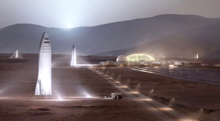 Artist's illustration of SpaceX "BFR" spaceships on the surface of Mars.