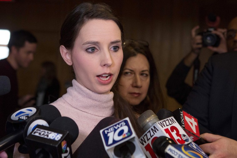 Image: Rachael Denhollander addresses the media following the final phase of sentencing