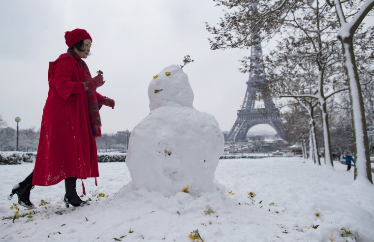 A snowman in Trocadero, near the Eiffel Tower, in Paris on Feb. 7.