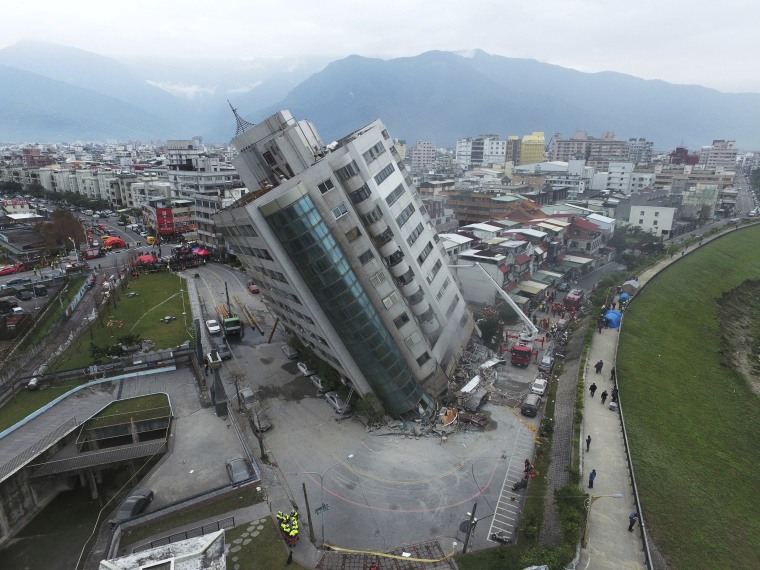 A building leans over after a magnitude-6.4 earthquake struck Feb. 6 in Hualien, Taiwan. The strong quake damaged buildings and buckled roads near Taiwan's eastern coast, killing two people and injuring more than 200.