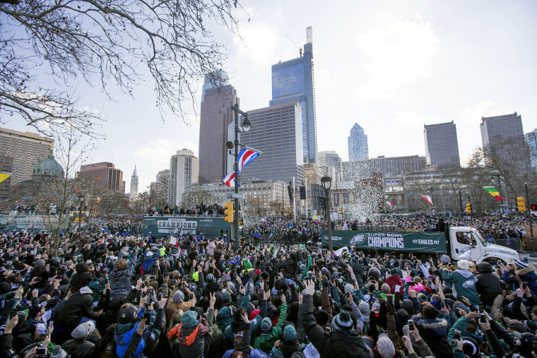 The Philadelphia Eagles drive around the city during the Super Bowl LII parade on Feb. 8, 2018 in Philadelphia.