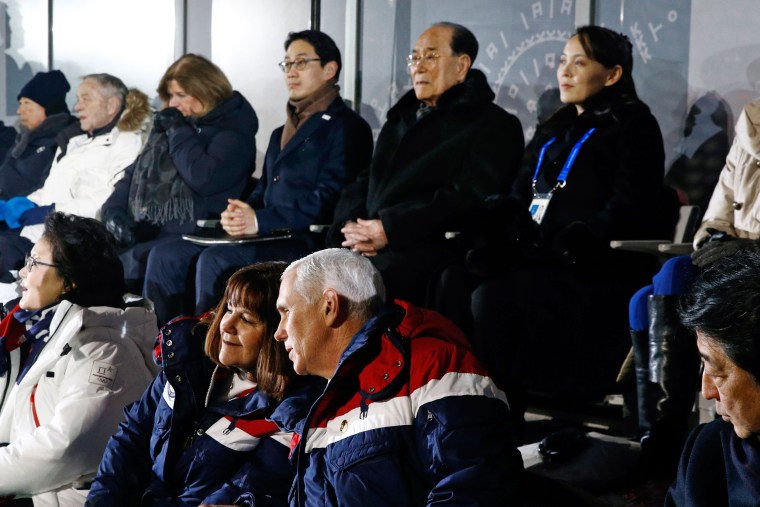 Vice President Mike Pence talks with his wife Karen at the Winter Olympics just a row in front of Kim Yo Jong, sister of North Korean leader Kim Jong Un.
