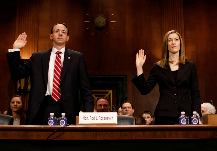 Image: Justice Department nominees Rosenstein and Brand are sworn in before the Senate Judiciary Committee