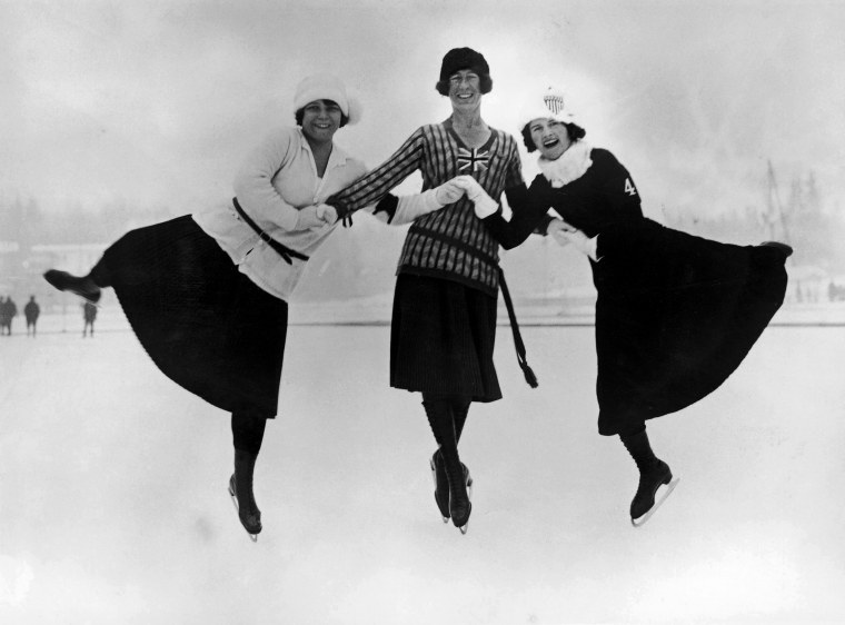 Figure skaters pose at the 1924 winter Olympics in Chamonix, France, in 1924. Left to right: Herma Planck-Szabo of Hungary, Ethel Muckelt of Britain and Beatrix Loughran of the U.S.A. Planck-Szabo won gold, with Loughran and Muckelt taking silver and bronze respectively. According to thisisinsider.com, http://www.thisisinsider.com/olympic-figure-skating-dress-evolution-2018-2 When the inaugural Winter Olympics launched in Chamonix, France, in 1924, wool skirts and cozy sweaters dominated the ice.