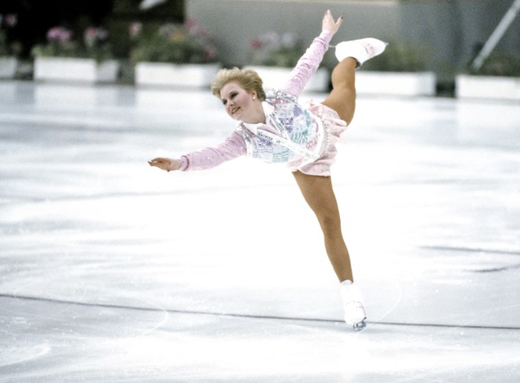 Rosalynn Sumners of the USA skates in the Figure Skating Exhibition of the Winter Olympic Games during February 1984 in Sarajevo, Yugoslavia. Her argyle cardigan in pastel colors definitely stood out.