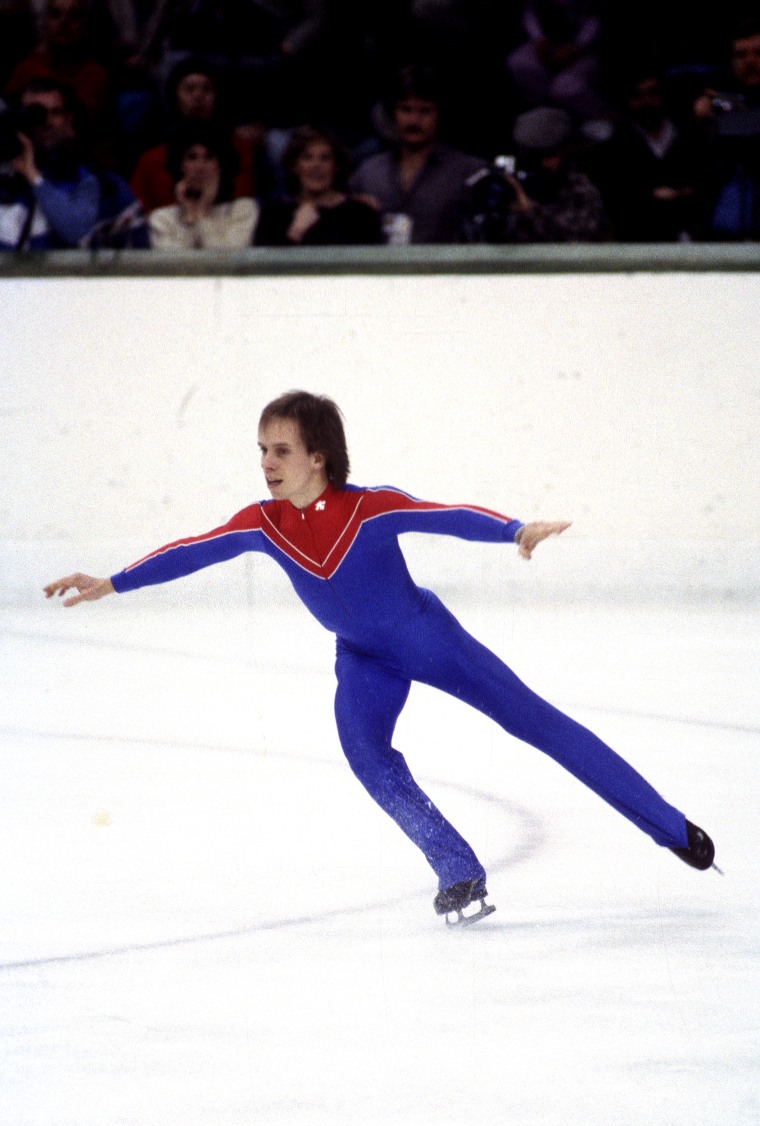 Figure Skater Scott Hamilton of U.S. competes in the figure skating competition in the XIV Olympic Winter Games circa 1984 in Sarajevo, Bosnia. he shined in his red, white and blue unitard.