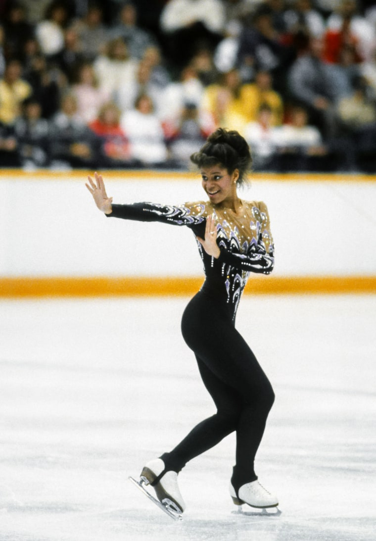 Debi Thomas of the USA skates her Short Program of the Women's Singles event of the Figure Skating competition of the 1988 Winter Olympic Games on February 25, 1988 at the Saddledome in Calgary, Alberta, Canada.  Thomas was the bronze medalist in the event.