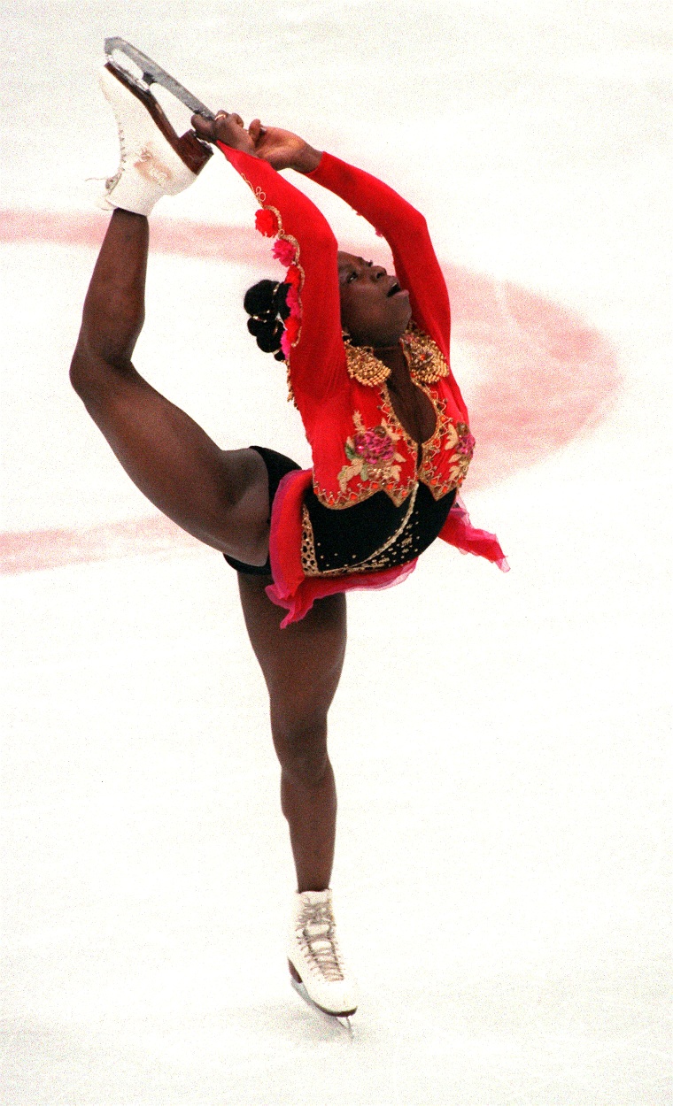 French figure skater Surya Bonaly performs her free program during the Winter Olympic Games 21 February 1992 in Albertville. Bonaly finished in fifth place.