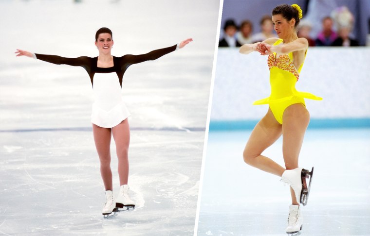 Nancy Kerrigan of the USA skates her technical program during the Women's Figure Skating singles competition of the 1994 Winter Olympic Games on February 23, 1994 at the Hamar Olympic Amphitheatre in Lillehammer, Norway. (left) American Nancy Kerrigan performing during a Winter Olympic exhibition in Hamar, Norway in 1994  Kerrigan took home the silver medal in the women's figure skating competition.