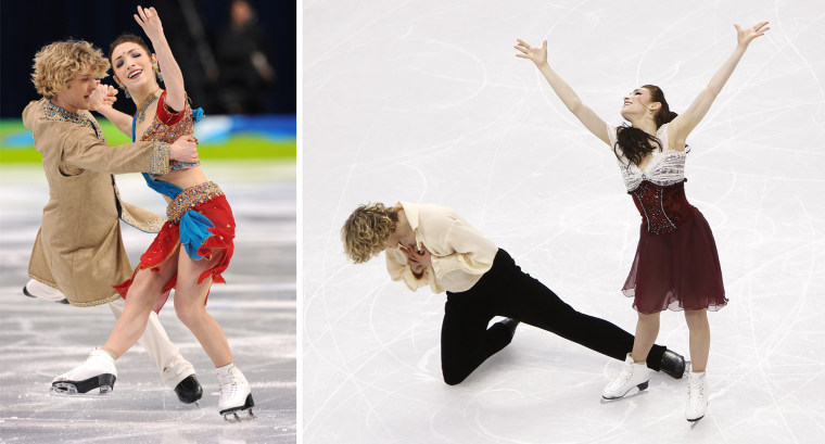 (left) US Meryl Davis and Charlie White perform in the figure skating Ice Original program at the Pacific Coliseum in Vancouver, during the 2010 Winter Olympics on February 21, 2010. (right) Meryl Davis and Charlie White of the United States skate in the ice dancing free dance on Monday, February 22, 2010, during the 2010 Winter Olympics in Vancouver.