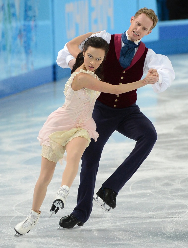 The USA's Madison Chock and Evan Bates perform their free dance during the ice dancing competition at the Iceberg Skating Palace during the Winter Olympics in Sochi, Russia, on Feb. 17, 2014.