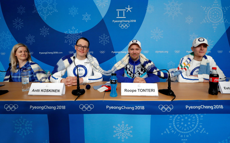 Members of the Finland Olympic team attend a news conference regarding the knitting project in Pyeongchang