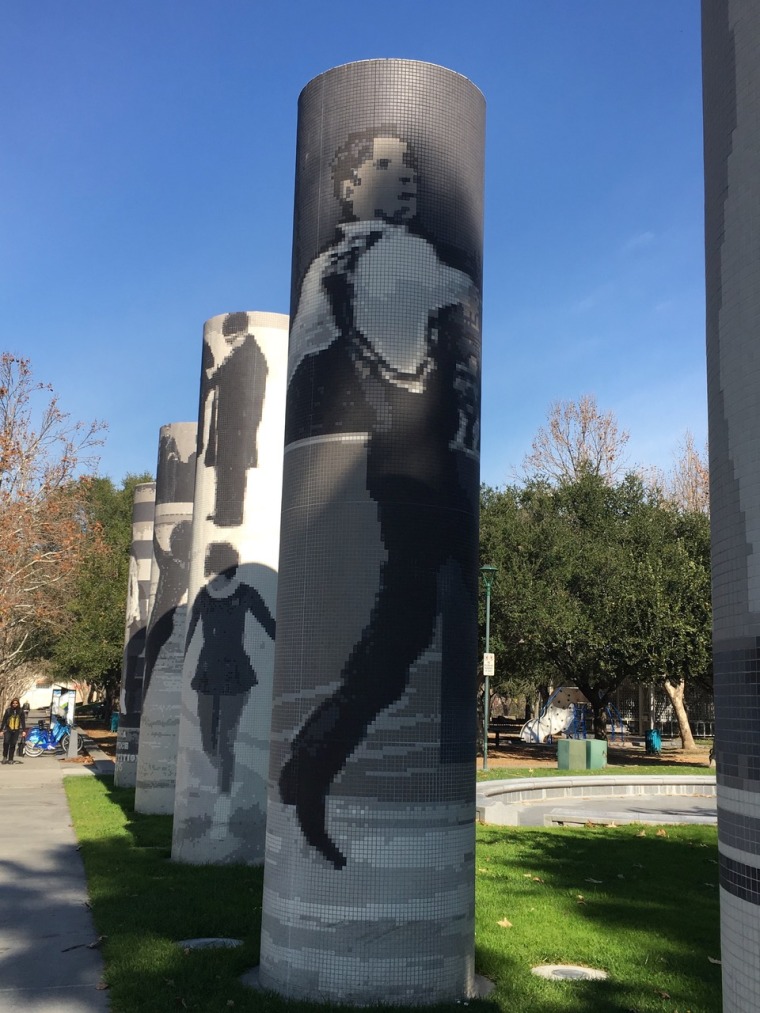 A likeness of Rudy Galindo is part of the "Five Skaters" art piece, honoring the sport of figure skating, outside the SAP Center in San Jose, CA.