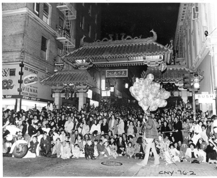 Parade audience at San Francisco's Chinatown Gateway in 1976.