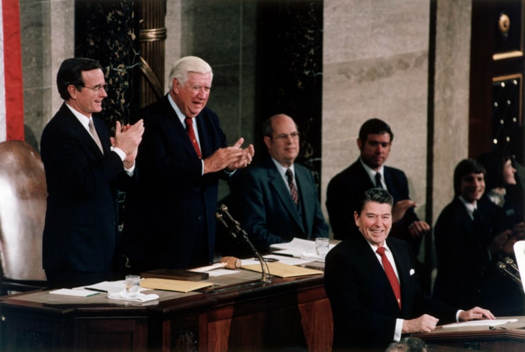 Image: President Ronald Reagan presents his State of the Union address on Jan. 25, 1984. Behind him are Vice President George Bush and Congressman Tip O'Neill.