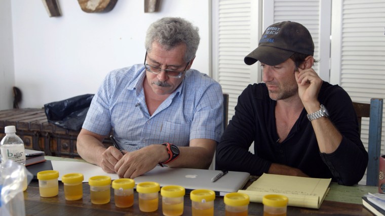 Dr. Grigory Rodchenkov talks with filmmaker Bryan Fogel in the new documentary, "Icarus." Courtesy of Netflix