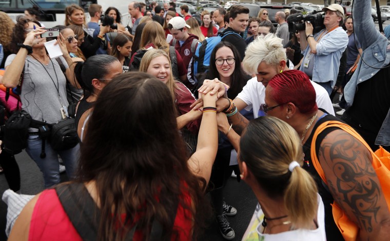 Image: Students who survived the shooting at Stoneman Douglas High School, along with survivors of the Pulse nightclub shooting