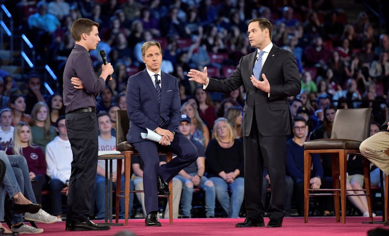 Image: Marjory Stoneman Douglas student Cameron Kasky asks Senator Marco Rubio if he will continue to accept money from the NRA during a CNN town hall meeting, at the BB&amp;T Center, in Sunrise